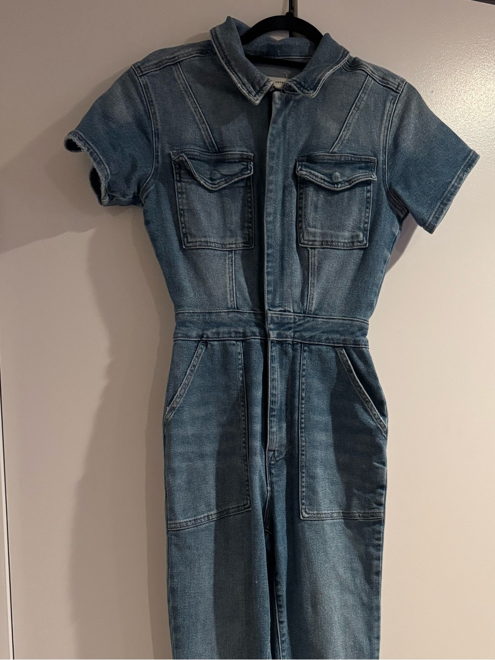 Good American Blue Denim Short-Sleeve Jumpsuit
